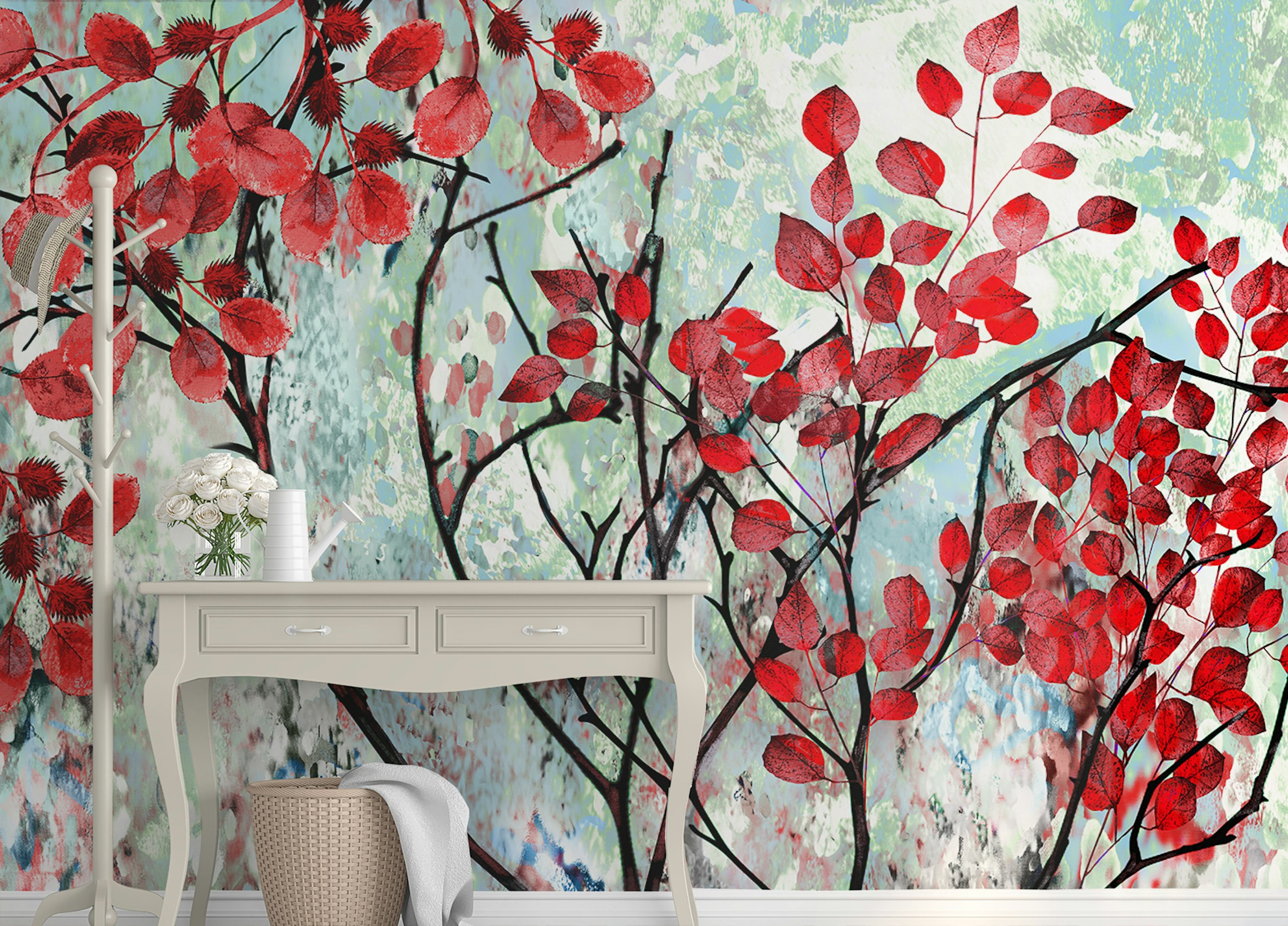 Custom made Vibrant Red Leaves Wall Art Murals