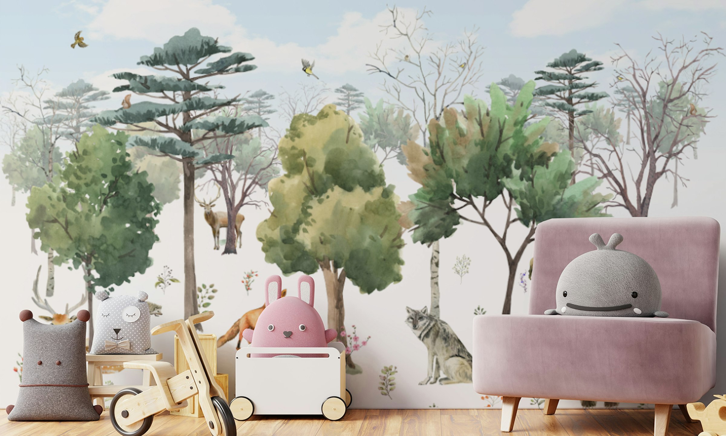 Peel and Stick Watercolor Woodland Creatures Mural