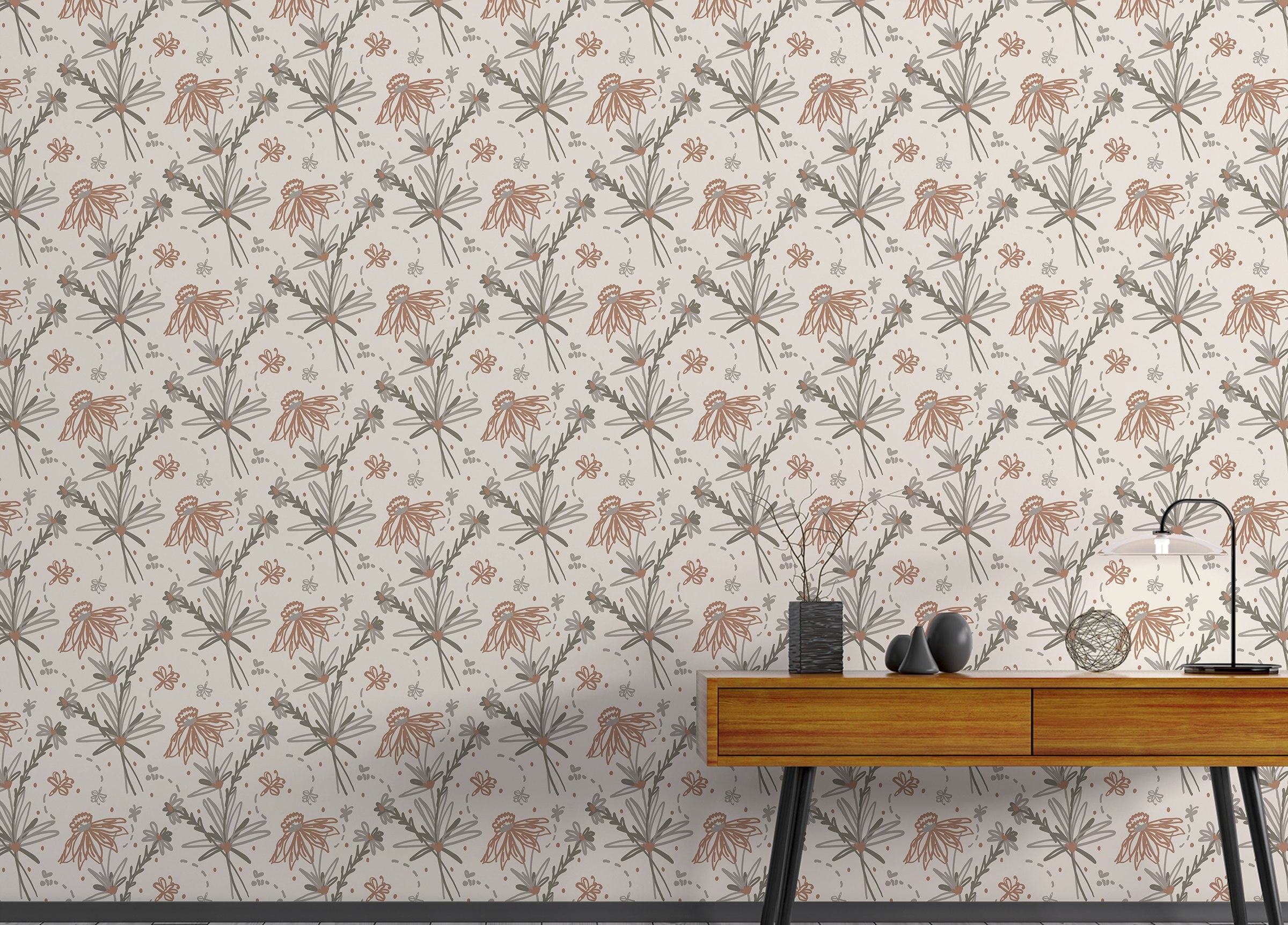 Peel and Stick Earthy Tone Color Doodle Floral Repeat Pattern Boho Wallpaper