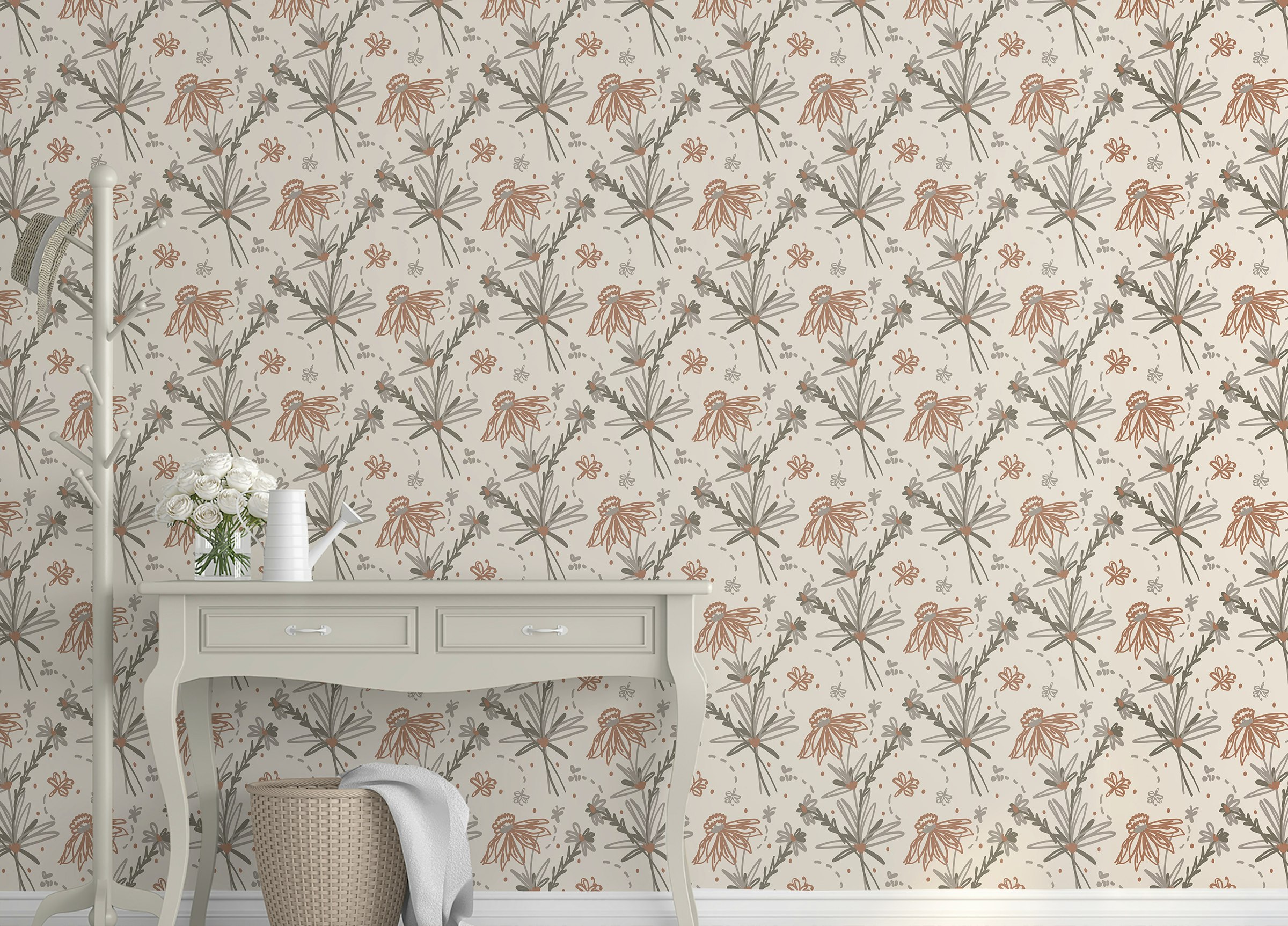 Custom made Earthy Tone Color Doodle Floral Repeat Pattern Boho Wallpaper