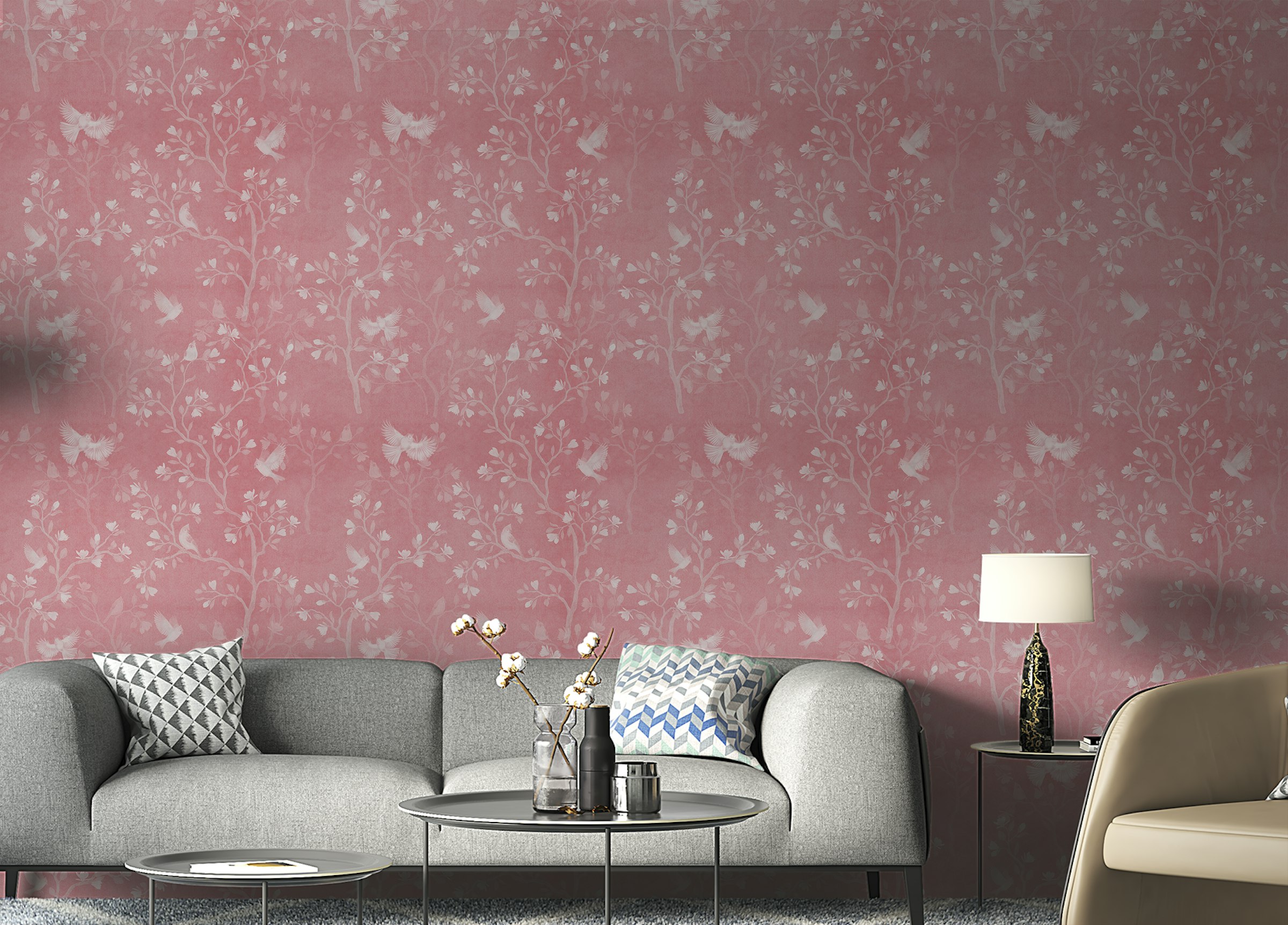 Peel and Stick Pink Color Chinoiserie Pattern Magnolia Tree Birds Wallpaper