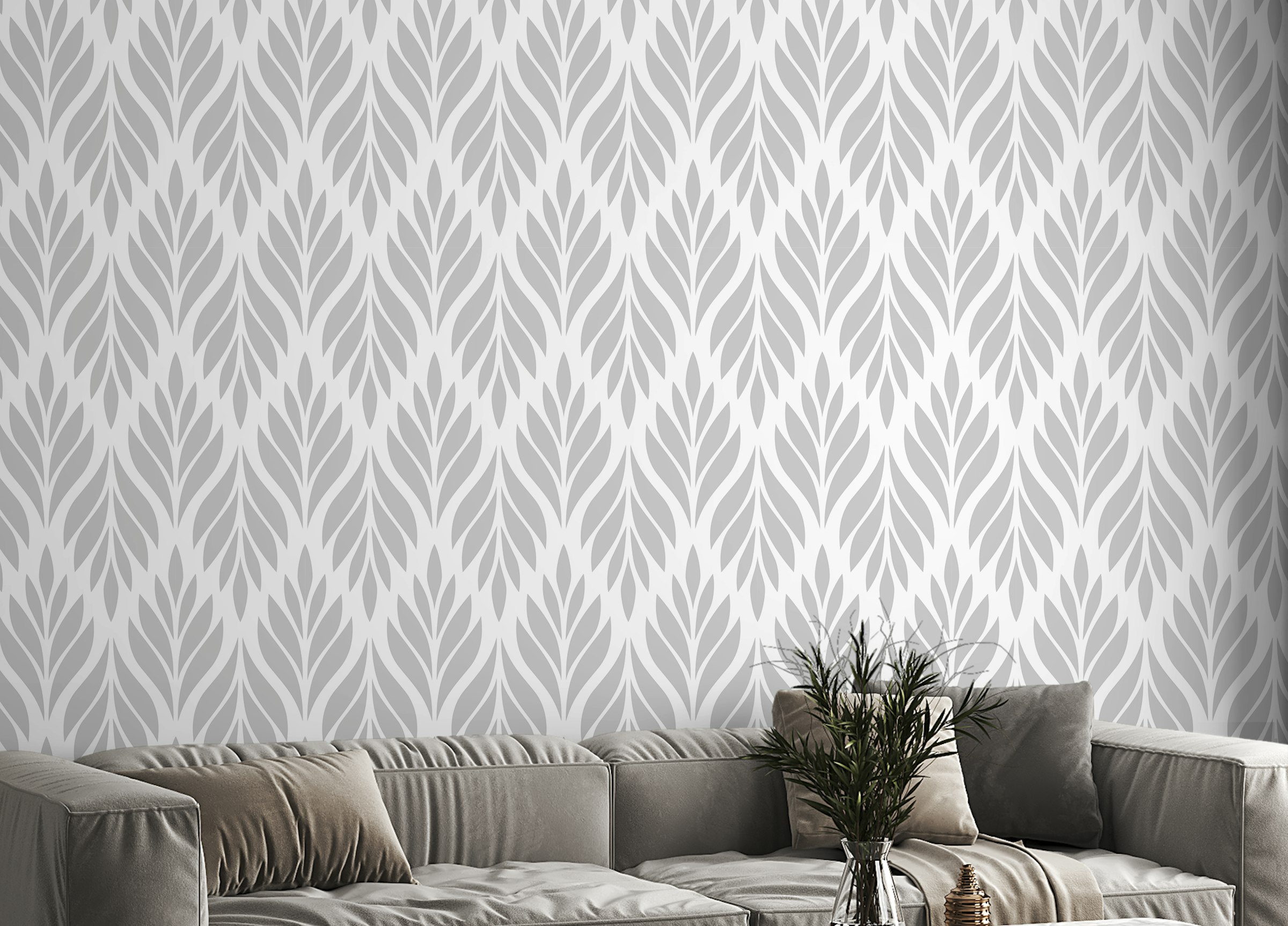 Peel and Stick Grey Color Leaves Damask Design Wallpaper For Walls