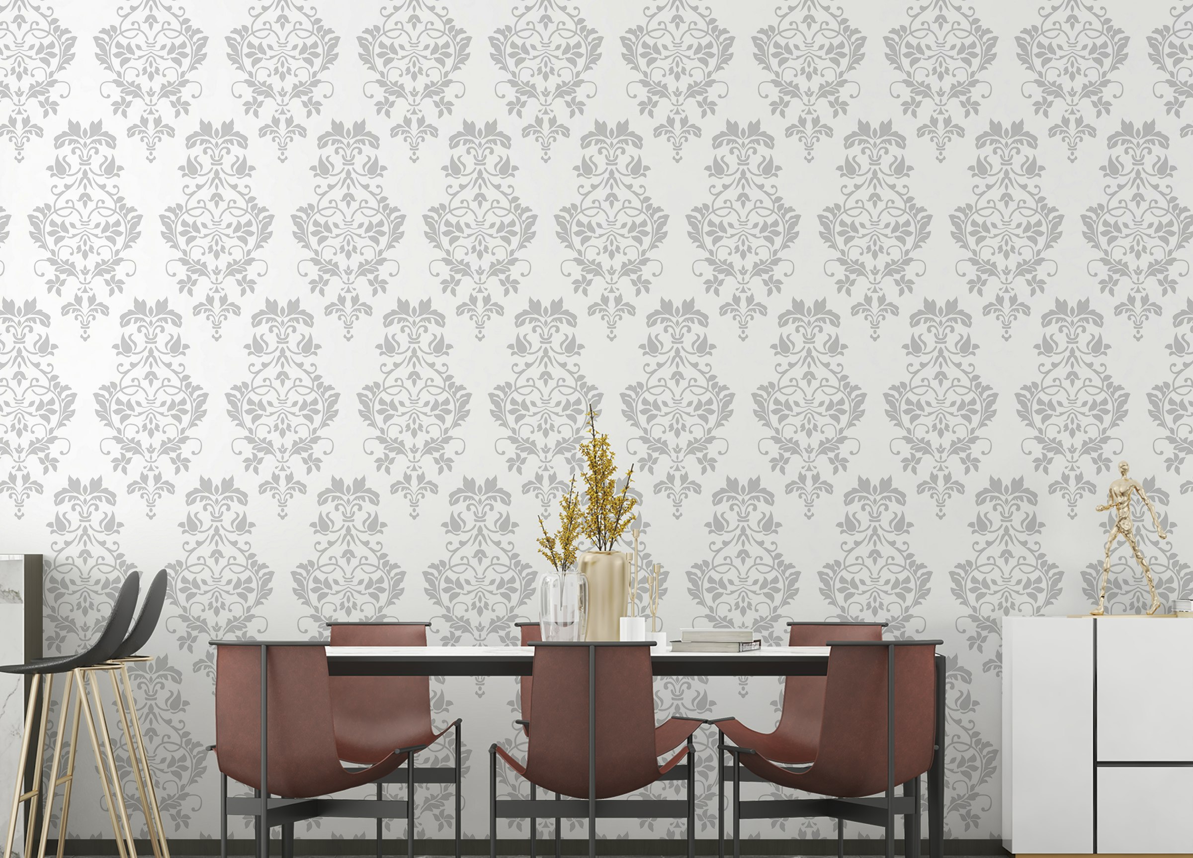 Peel and Stick Vintage Light Grey Color Damask Style Wallpaper For Walls
