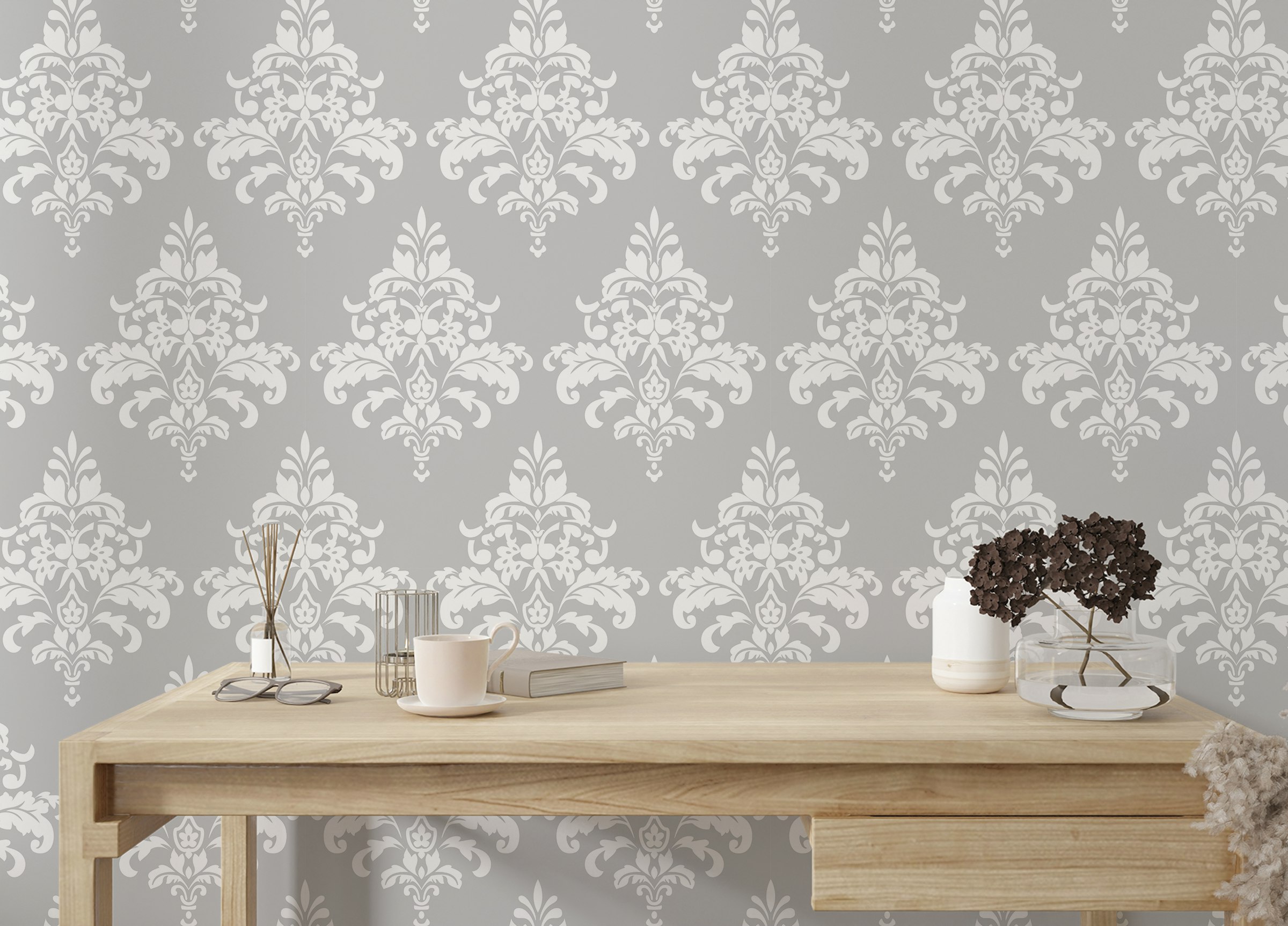 Peel and Stick White Damask Pattern Wallpaper For Living Room