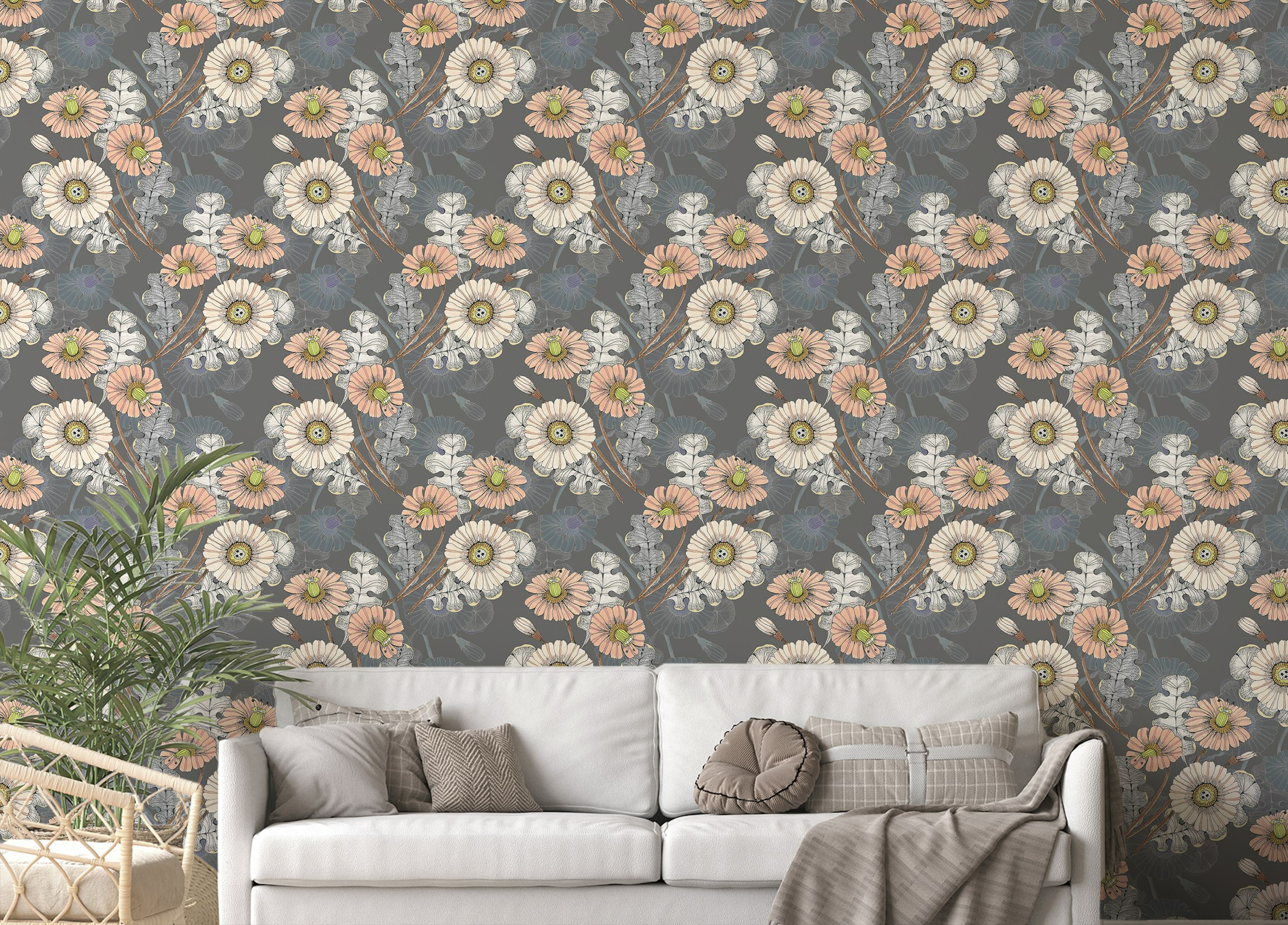 Peel and Stick Bouquet Decorative Flowers Drawing Gray Wallpaper