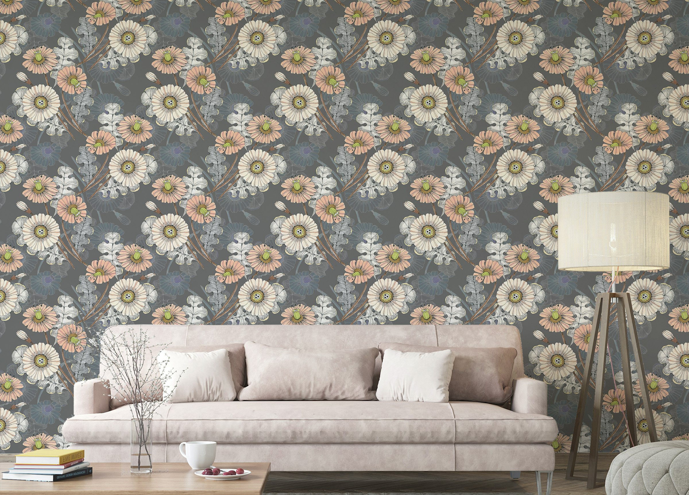 Custom made Bouquet Decorative Flowers Drawing Gray Wallpaper