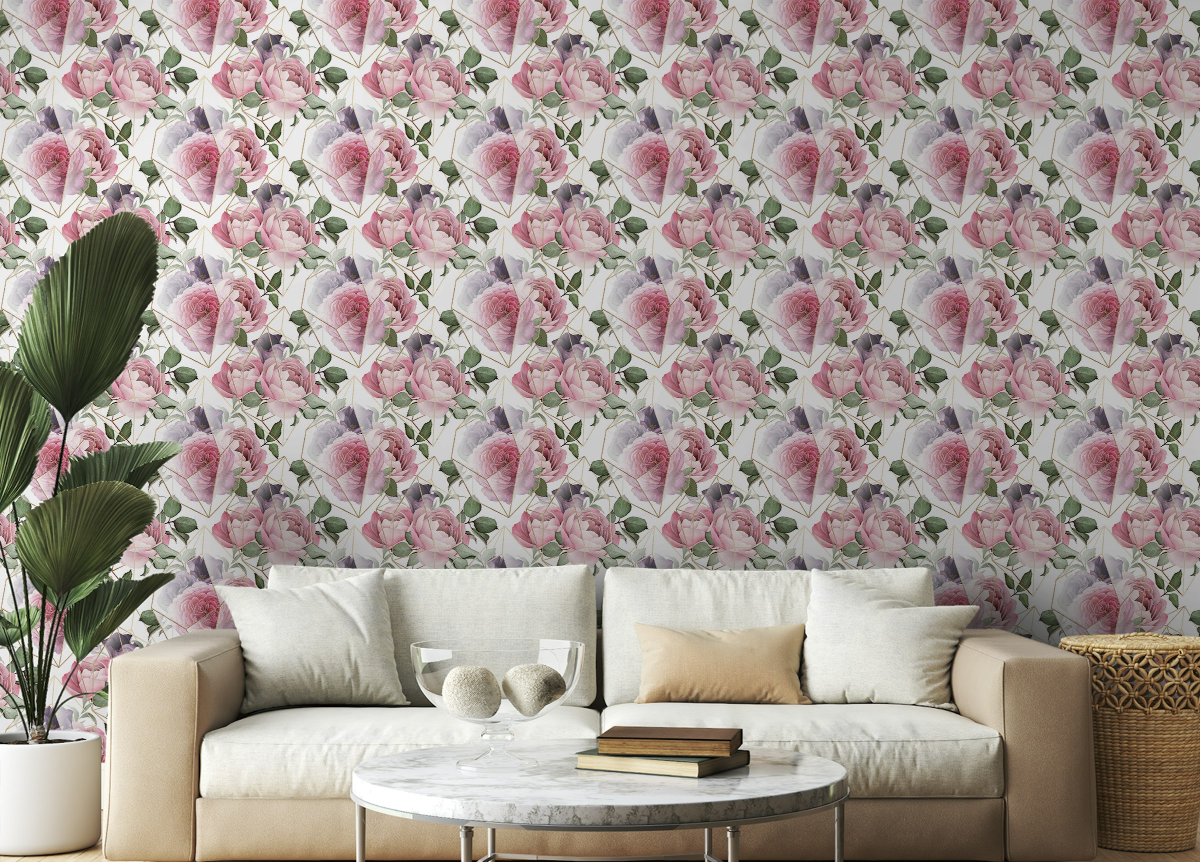 Peel and Stick Watercolor Pink Flower Gold Line Texture Wallpaper For Walls