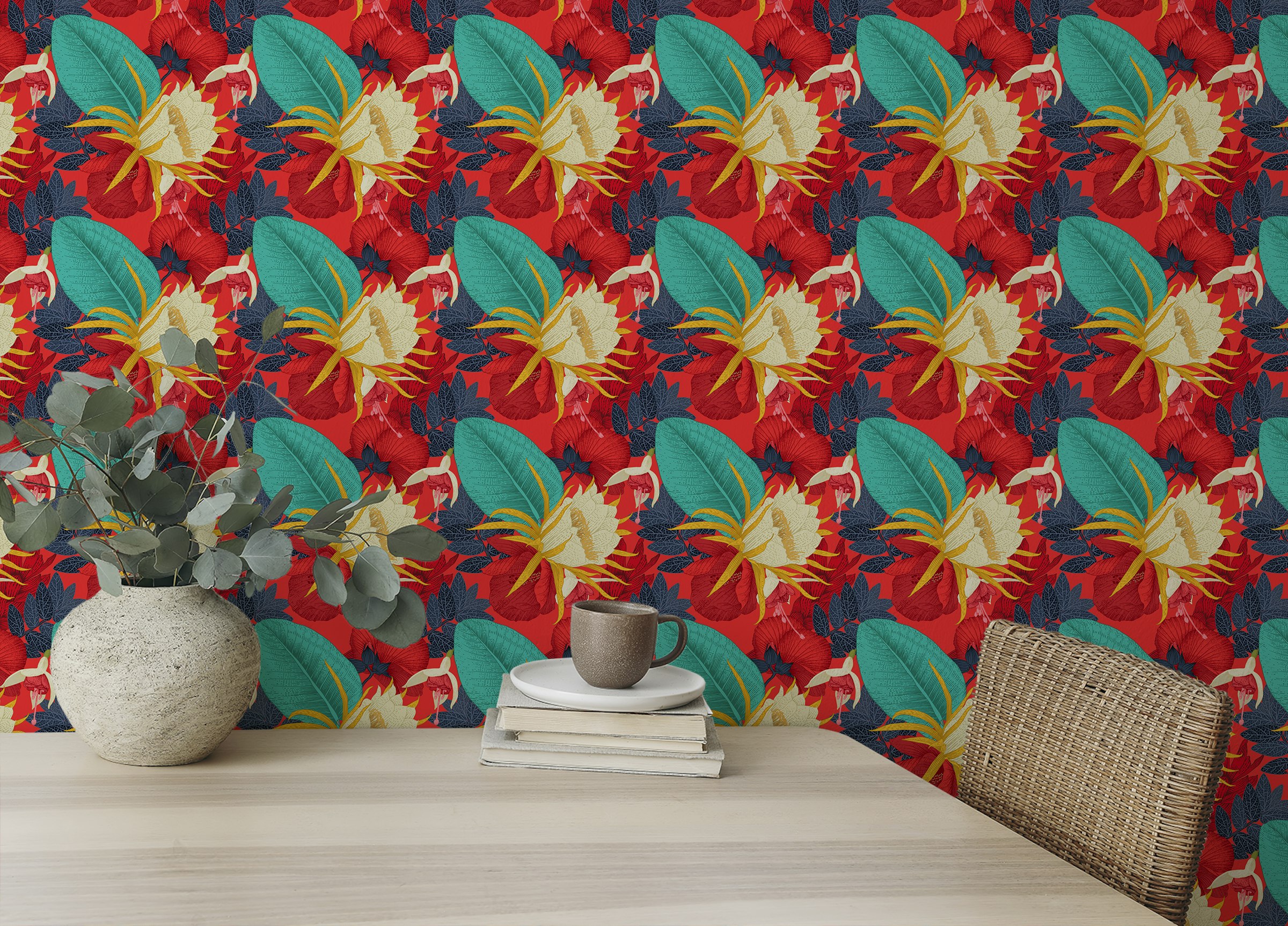 Peel and Stick Seamless Pattern Tropical Floral Red Background Wallpaper