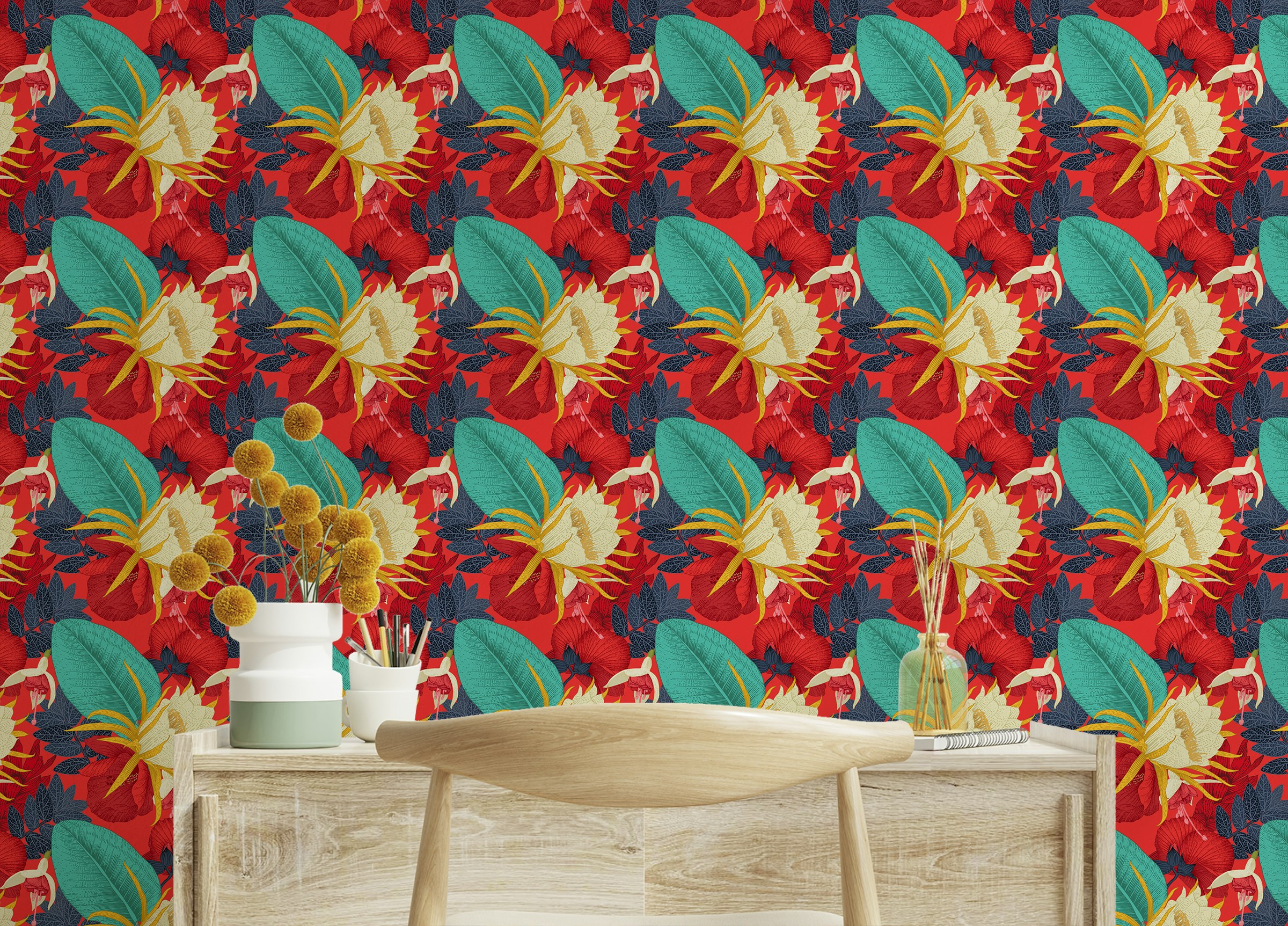 Custom made Seamless Pattern Tropical Floral Red Background Wallpaper