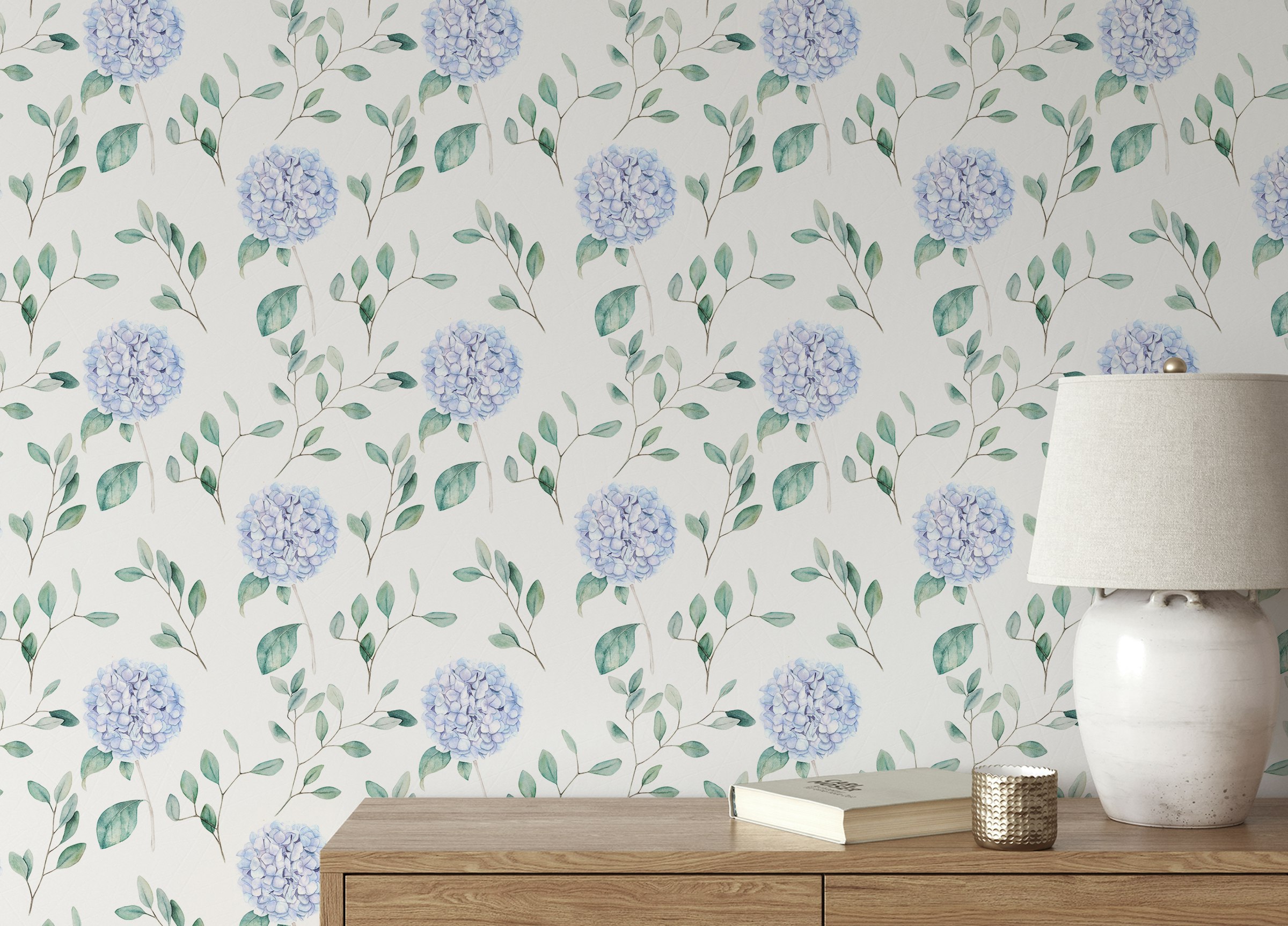 Peel and Stick Watercolor Hortensia Flowers and Branches Wallpaper