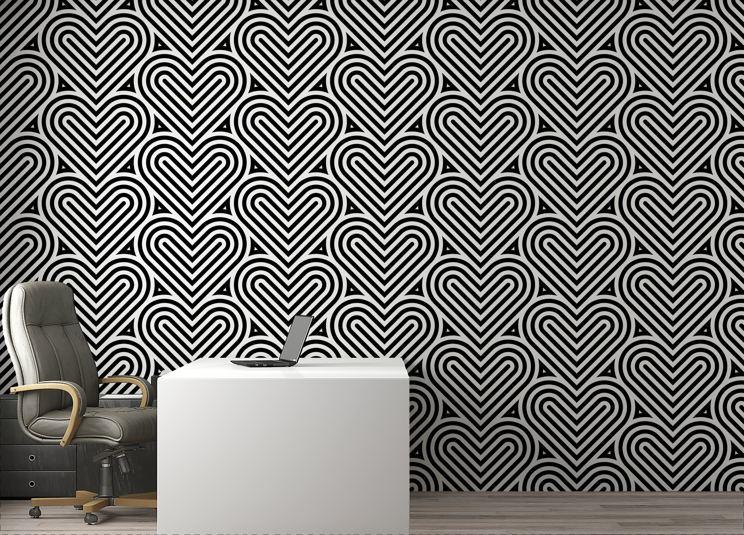 Peel and Stick Black and White Geometric Pattern Linear Hearts Wallpaper