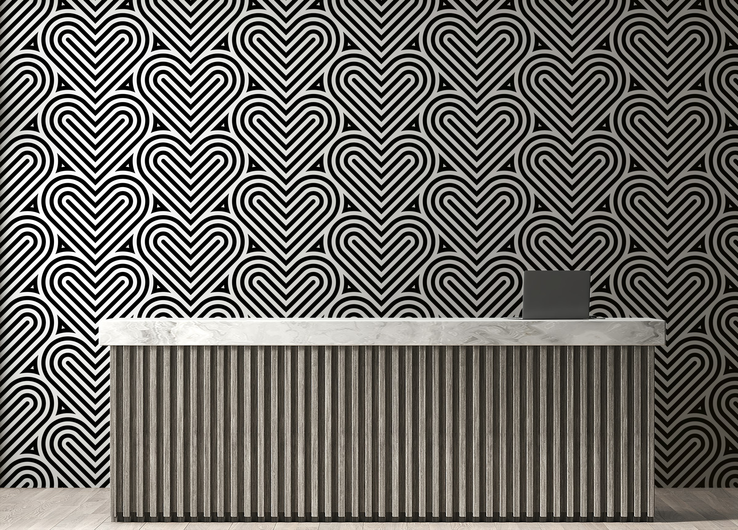 Custom made Black and White Geometric Pattern Linear Hearts Wallpaper