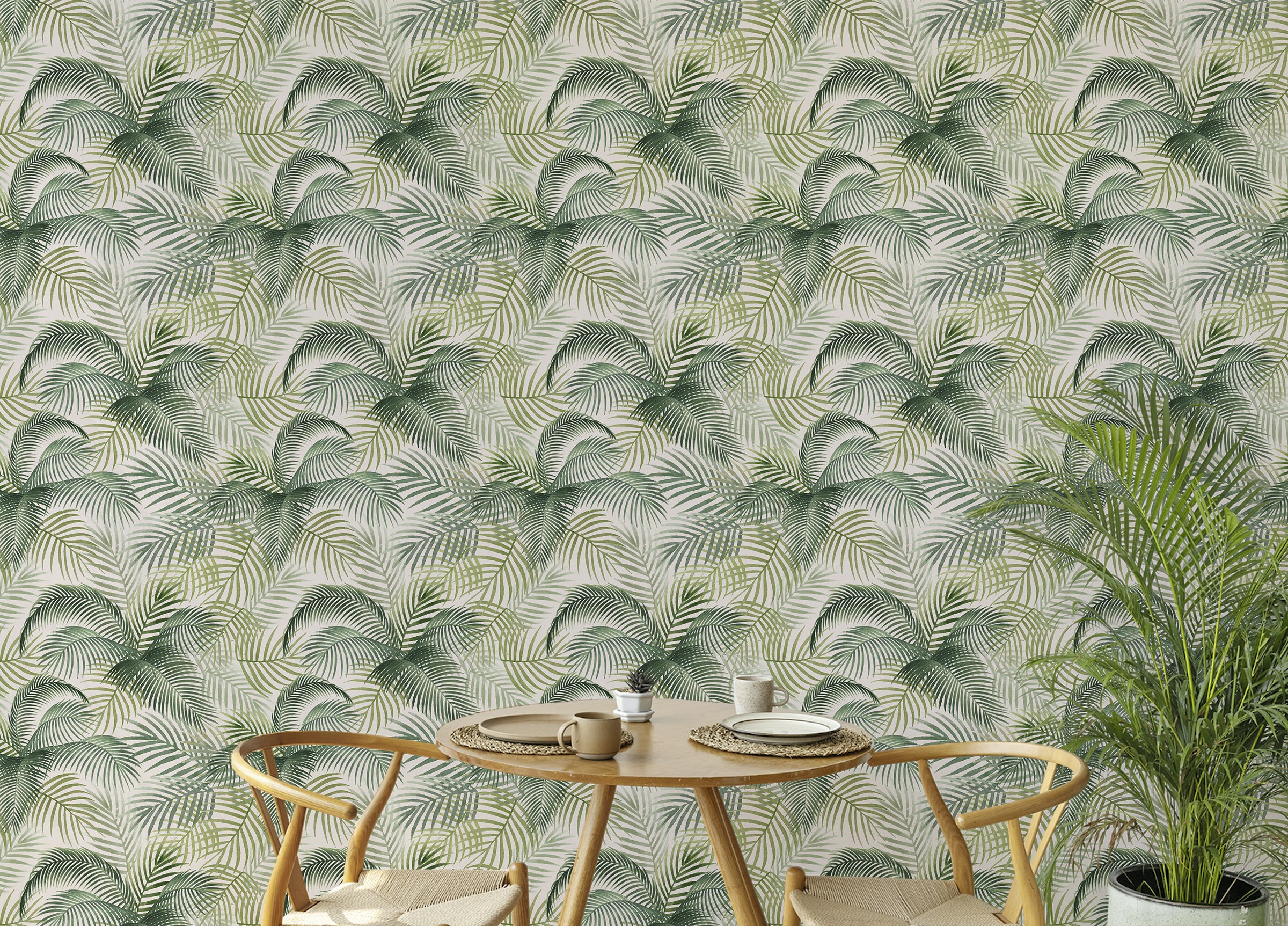 Peel and Stick Green Color Palm Leaves Repeat Pattern Wallpaper