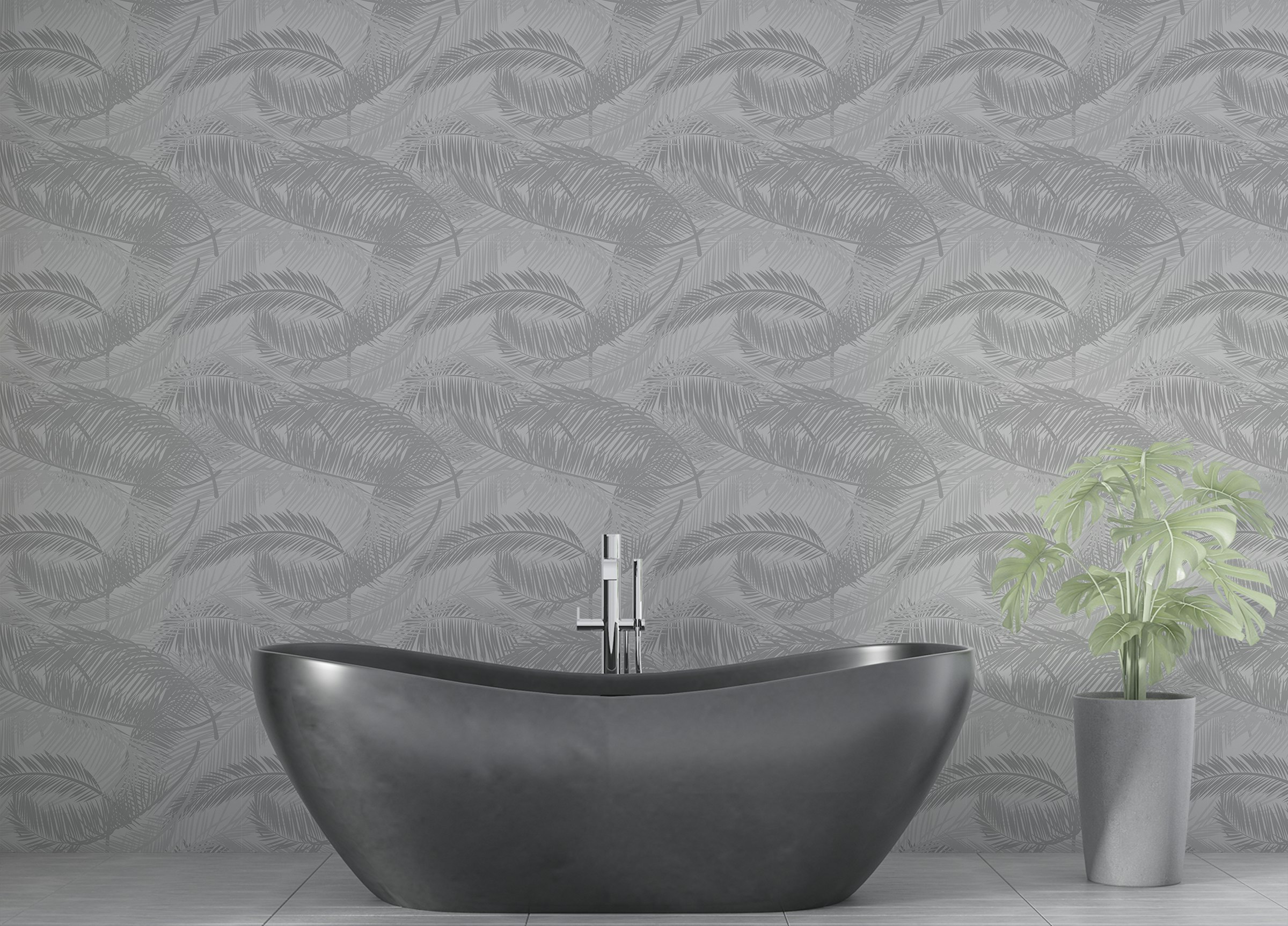 Custom made Light Gray Palm Leaves Silhouette White Wallpaper