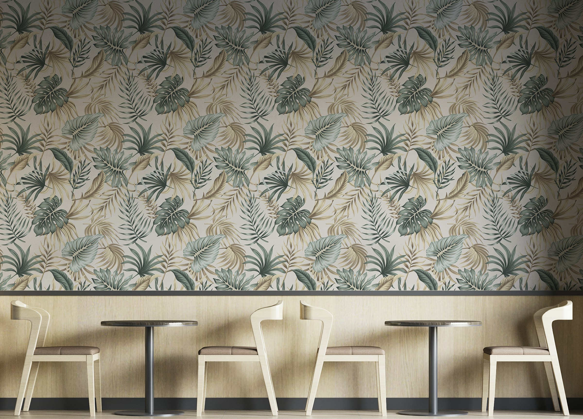 Custom made Tropical Green Foliage Palm Leaves Beige Wallpaper