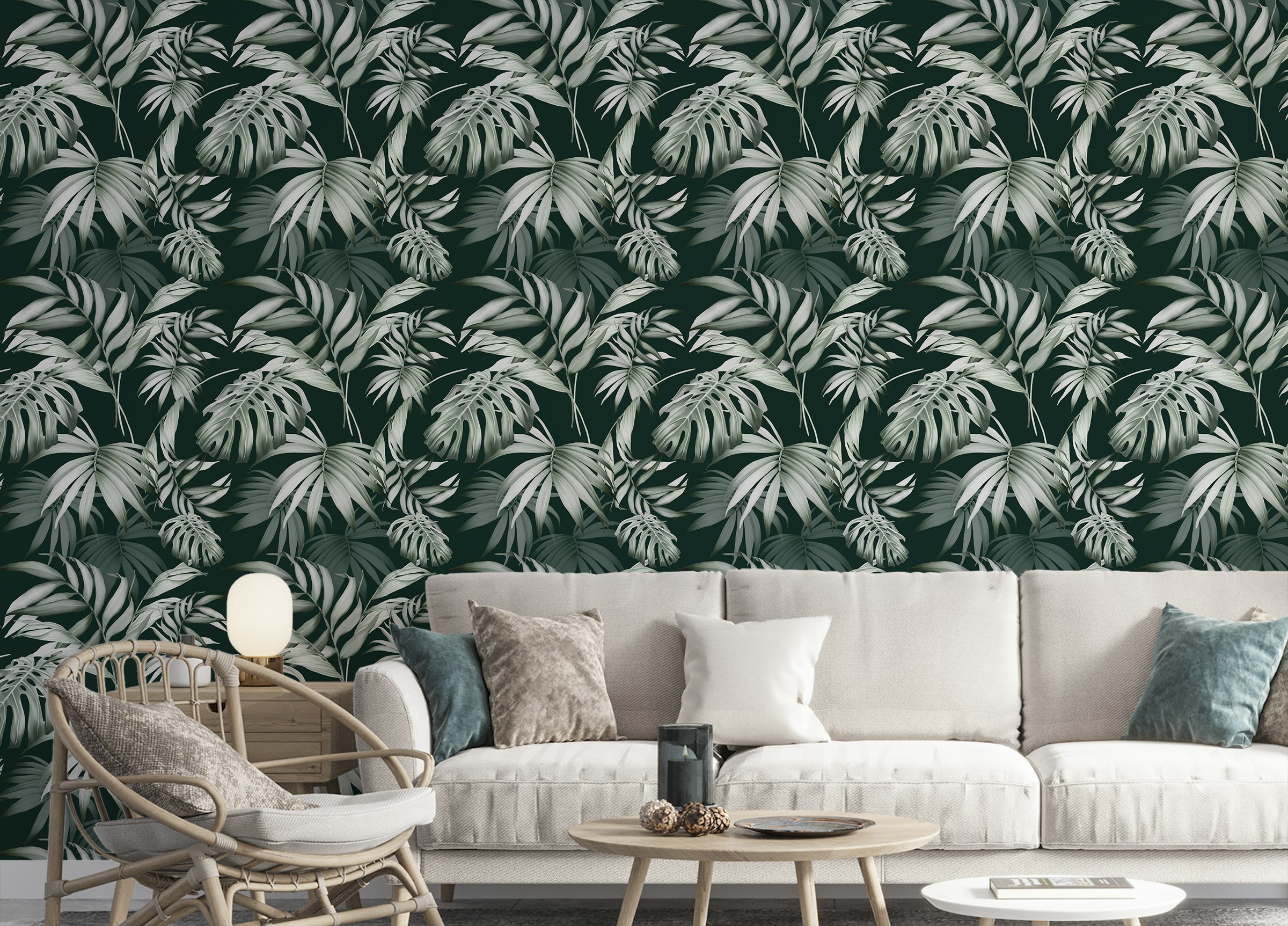 Peel and Stick Exotic Jungle Tropical Green Leaves Repeat Wallpaper