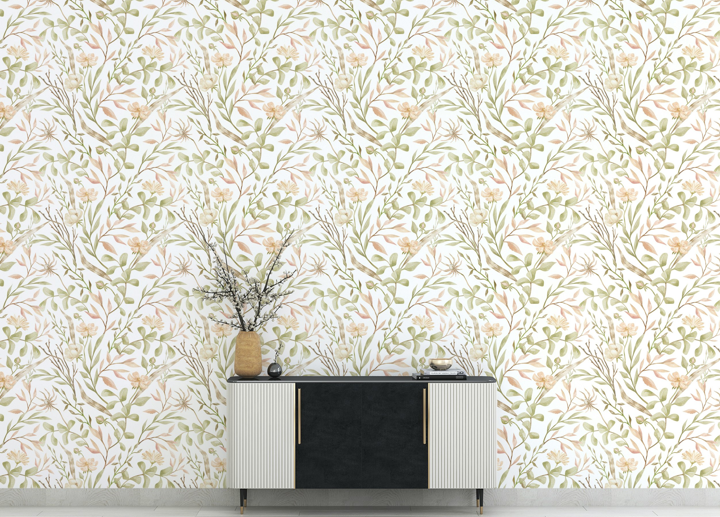 Custom made Watercolor Green Leaf and Brunches Meadow Flower Wallpaper