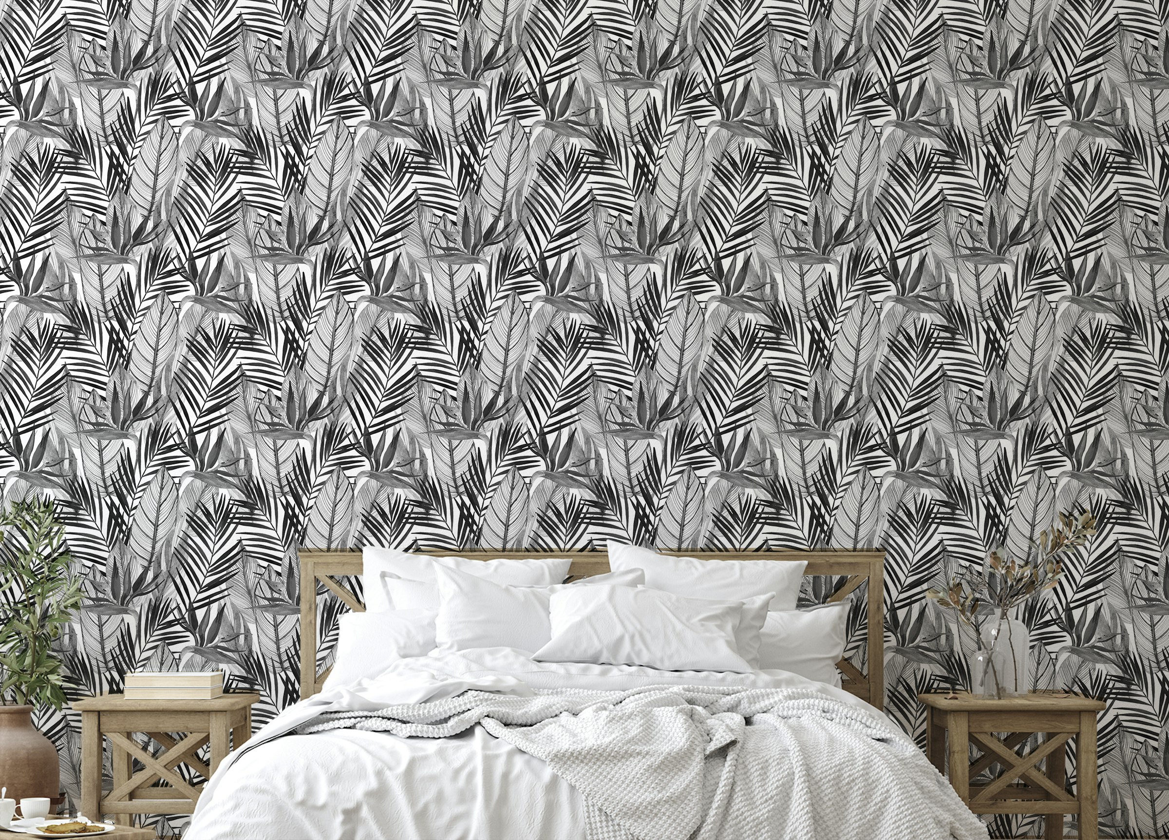 Peel and Stick Black and White Watercolor Tropical Palm Leaves Wallpaper