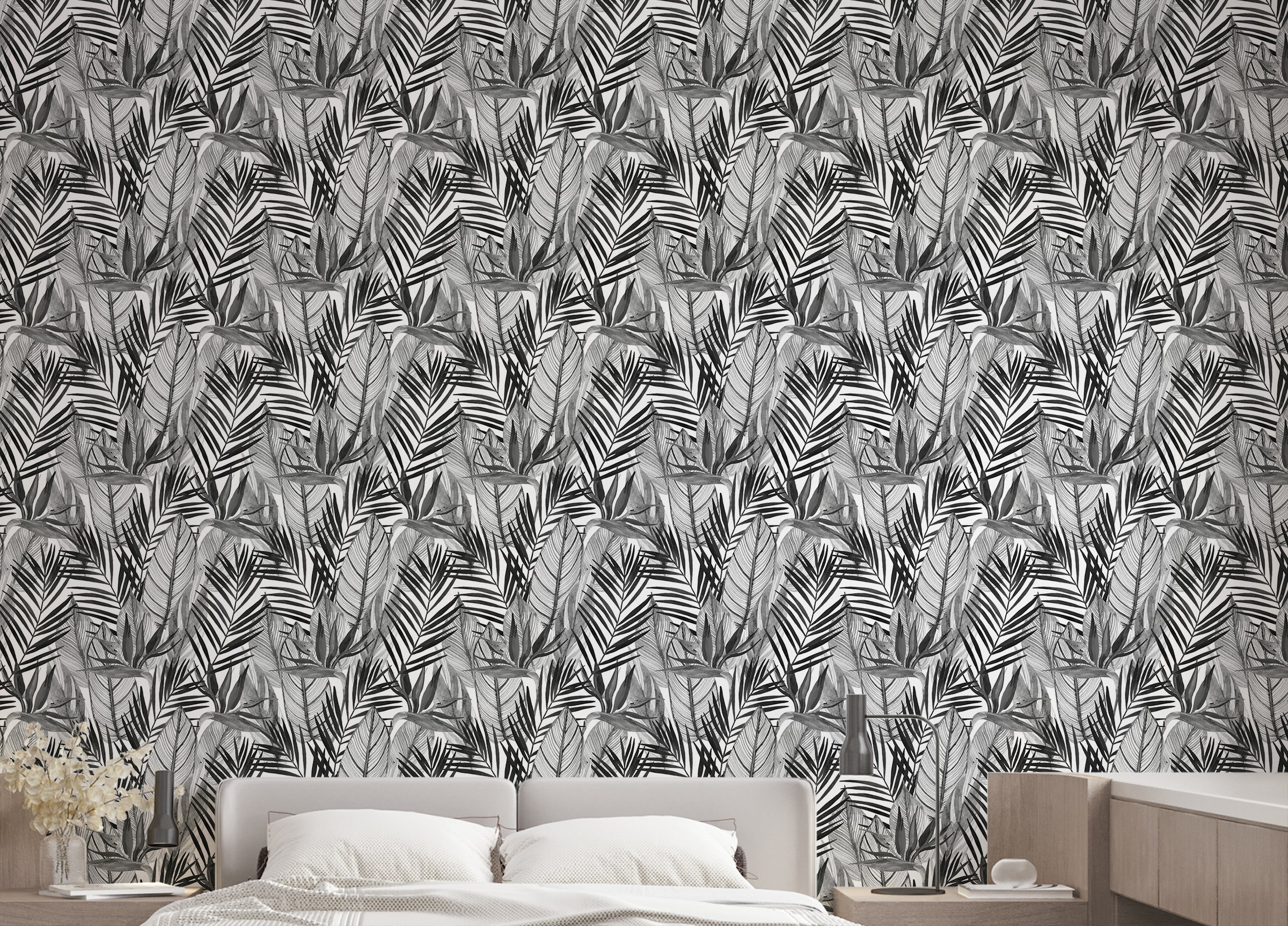 Custom made Black and White Watercolor Tropical Palm Leaves Wallpaper