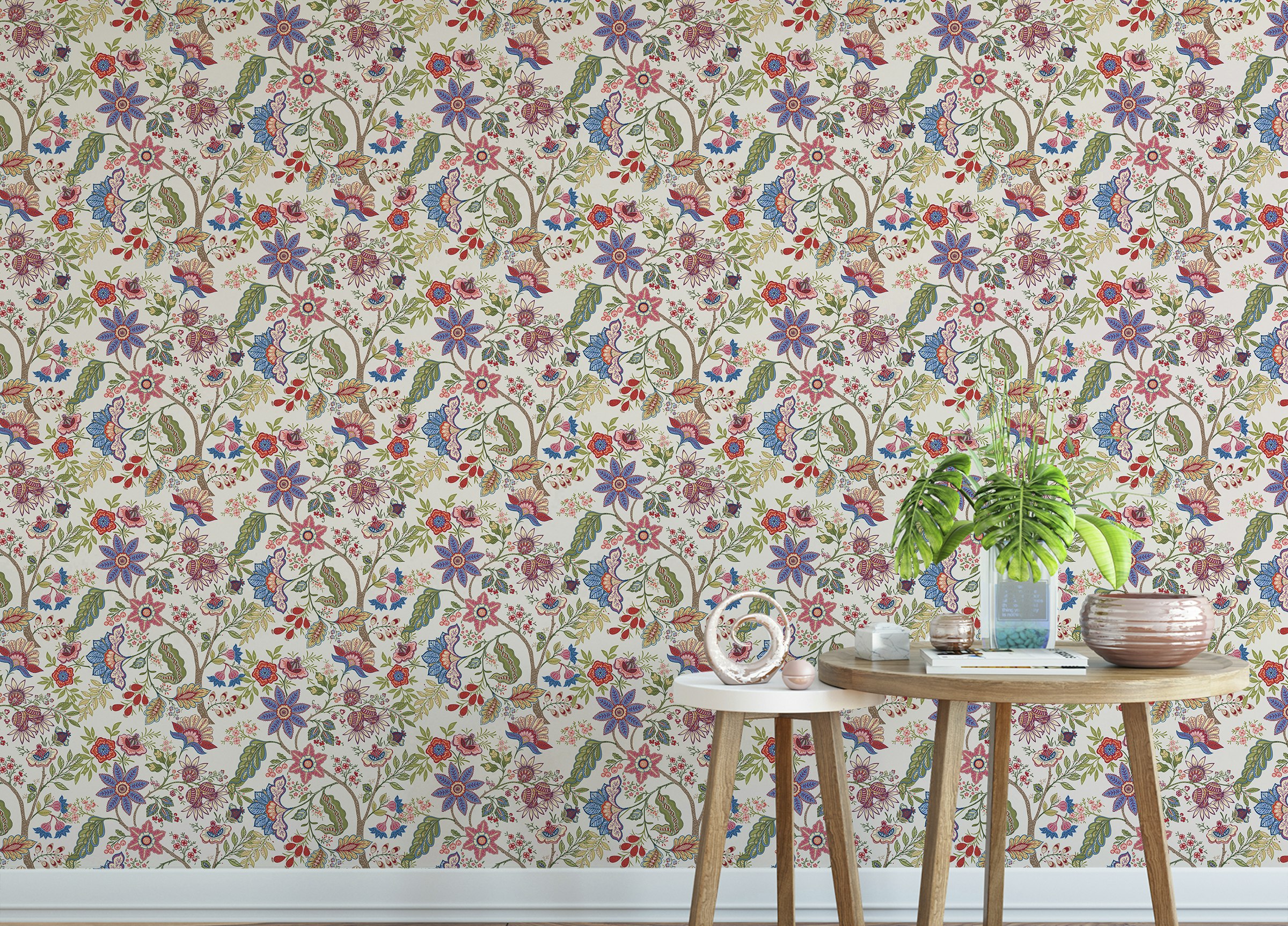 Peel and Stick Fantasy Flowers Retro Vintage Jacobean Embroidery Style Wallpaper