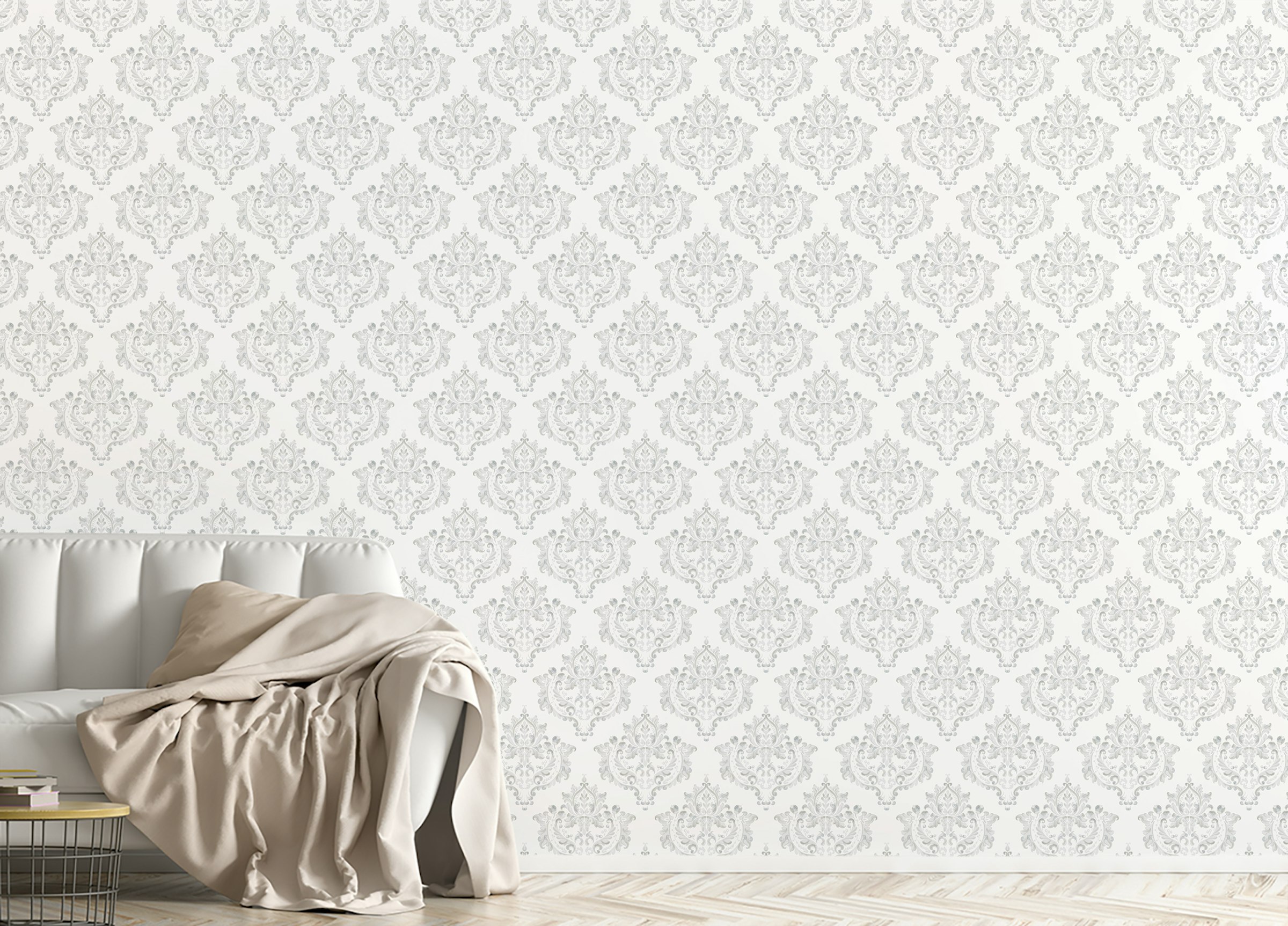 Peel and Stick White and Grey Color Damask Repeat Pattern Wallpaper