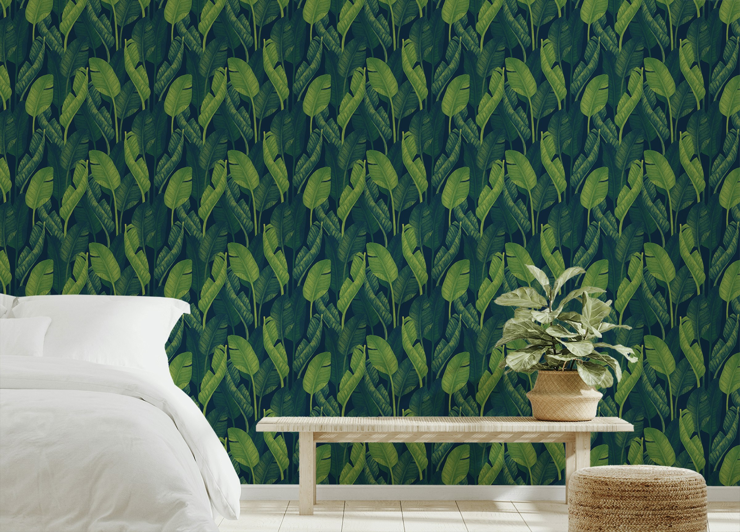Peel and Stick Dark Green Color Banana Leaves Wallpaper